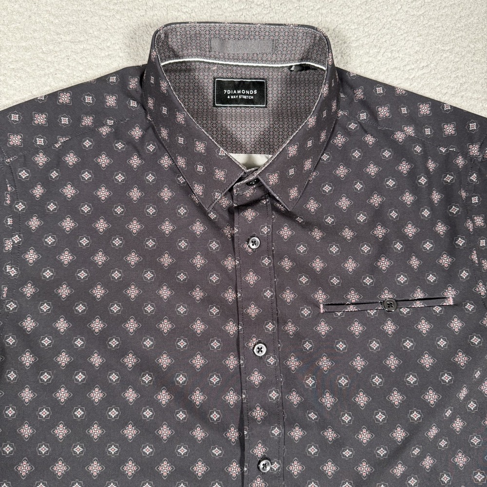 7 Diamonds‎ Shirt Mens Medium Black Geometric 4 Way Stretch Kalahari Preppy Logo